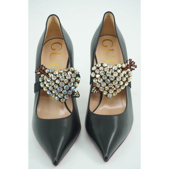 Gucci Black Leather Virginia 95 Crystal Heart Pump Size 38 NIB $1280 Pointy - Picture 3 of 12